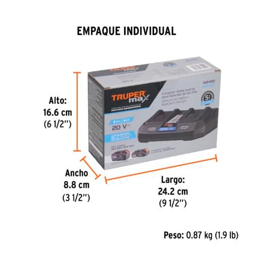 102492 - Cargador dual de baterías de ion litio 20V, TRUPER MAX