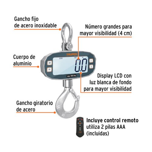 102543 - Báscula electrónica colgante, recargable, 500 kg, Truper