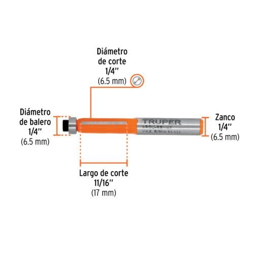 102720.2 102720 - Broca para router, corte recto, 1/4" con balero, Truper