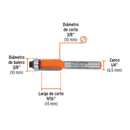 102721.2 102721 - Broca para router, corte recto, 3/8" con balero, Truper