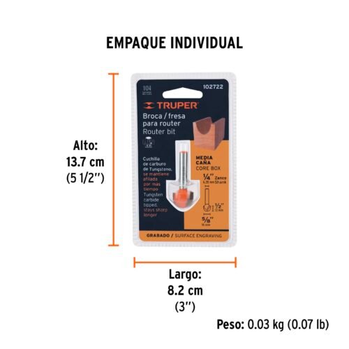 102722 - Broca para router, media caña, 5/8", Truper