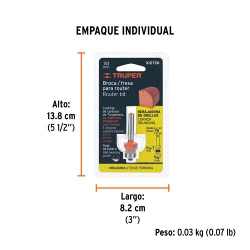 102726 - Broca para router, redondeado, 5/8" con balero, Truper