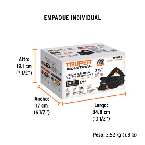 102800.3 102800 - Cepillo eléctrico 3-1/4", 720W, TRUPER INDUSTRIAL