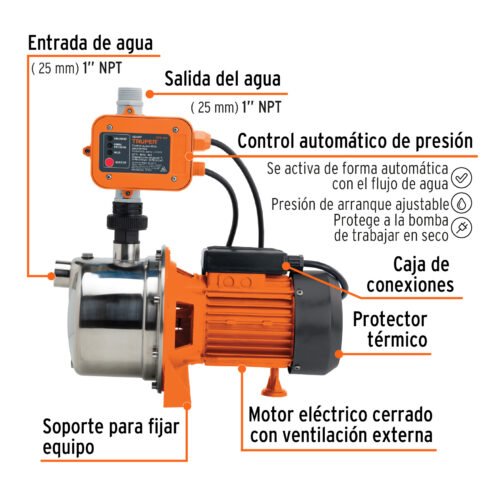 102857 - Bomba presurizadora jet acero 1 HP con control, Truper