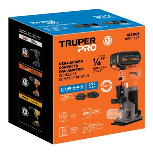 102865 - Router (Rebajadora) 1/4", 1 batería 4 Ah, TRUPER PRO