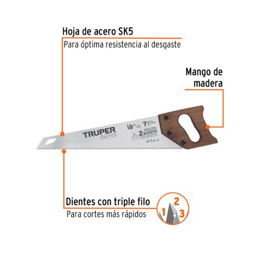 102950 - Serrucho Rapid 18", 7 DPP, mango de madera, Truper
