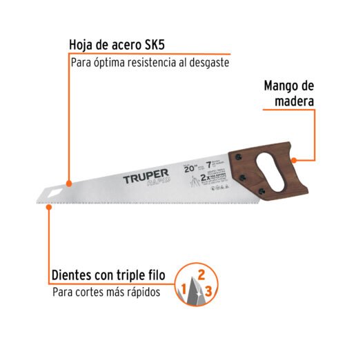 102951 - Serrucho Rapid 20", 7 DPP, mango de madera, Truper