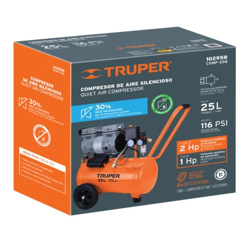 102958 - Compresor de aire, silencioso libre de aceite, 25 L, 2 HP