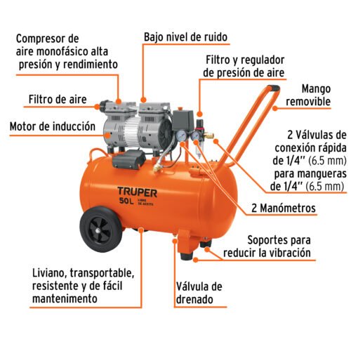 102959 - Compresor de aire, silencioso libre de aceite, 50 L, 2 HP