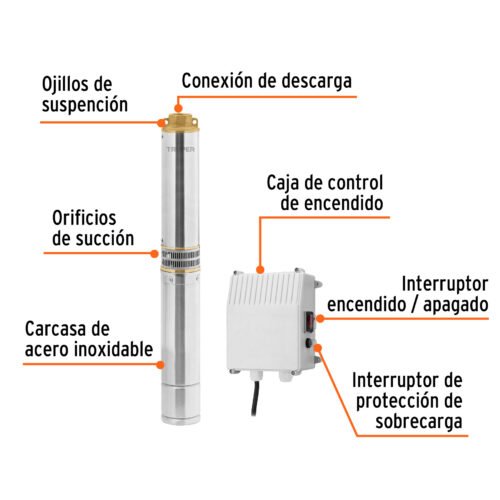 102975 - Bomba sumergible tipo bala, 1HP, uso agrícola, 220V, TRUPER