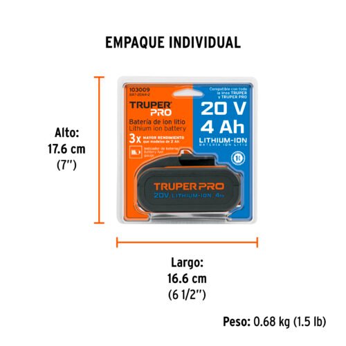 103009 - Batería ion litio, 20V, 4 Ah, TRUPER PRO