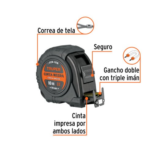 103057 - Flexómetro contra impactos 10 m, Cinta Negra 32 mm, Truper