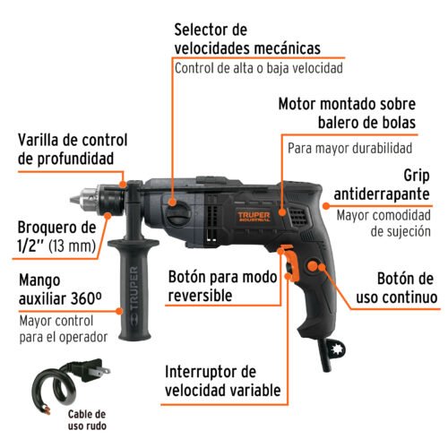 103068 - Taladro 1/2", 800W dos velocidades, TRUPER INDUSTRIAL