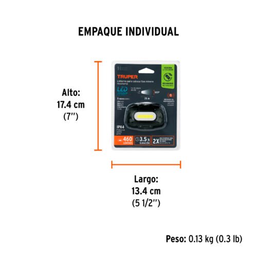 103086 - Linterna de minero LED 460 lm con sensor, recargable, TRUPER