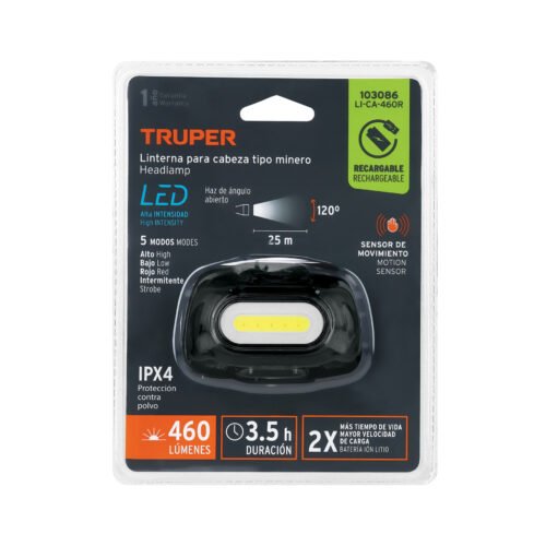 103086 - Linterna de minero LED 460 lm con sensor, recargable, TRUPER