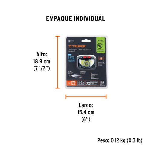 103087 - Linterna de minero LED 270 lm con sensor recargable, TRUPER