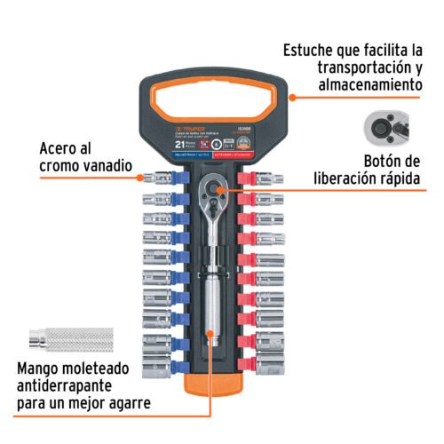 103108 - Juego de dados mm y std con matraca, cuadro 1/4", Truper