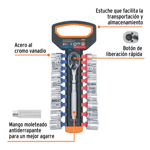 103109 - Juego de dados mm y std con matraca, cuadro 3/8", Truper