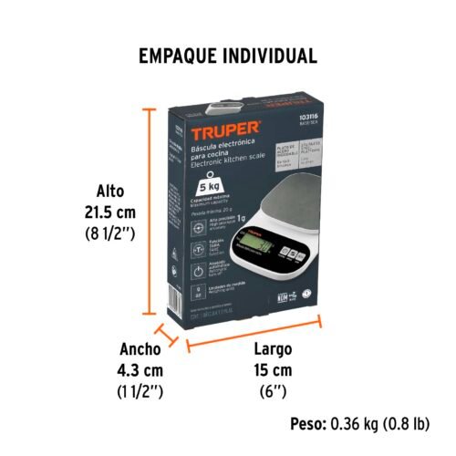 103116 - Báscula digital para cocina, plato de acero inox,5kg, Truper