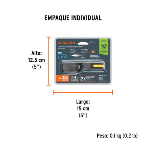 103117 - Linterna de minero LED 350 lm con sensor, recargable, TRUPER
