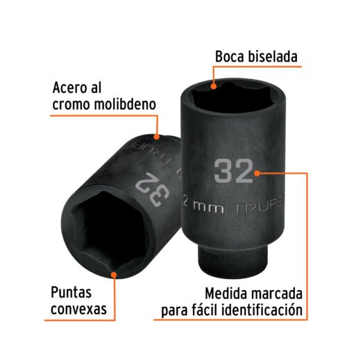 103192.1 103192 - Dado largo impacto de 32 mm, 6 puntas, cuadro 1/2", Truper