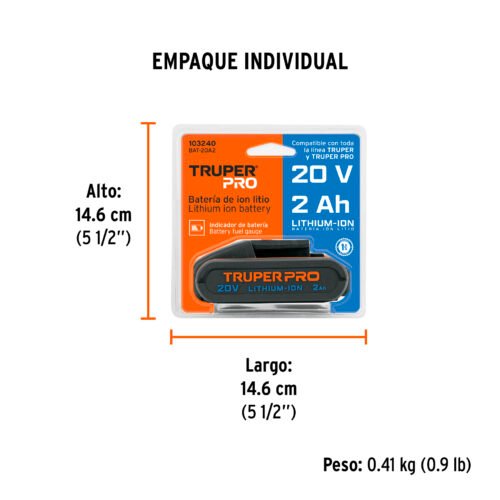 103240 - Batería ion litio, 20V, 2 Ah, TRUPER PRO