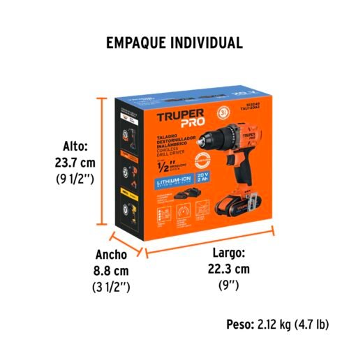 103249.3 103249 - Taladro 1/2", 20V, 1 batería 2Ah, TRUPER PRO