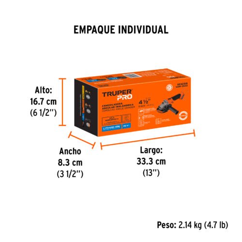 103255.3 103255 - Esmeriladora 4-1/2", 20V, sin accesorios, TRUPER PRO