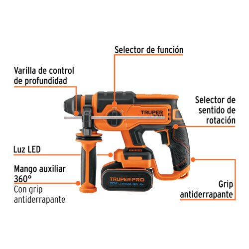 103263 - Rotomartillo SDS Plus 20V, 2 J, 1 batería 4Ah, TRUPER PRO
