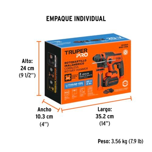 103263 - Rotomartillo SDS Plus 20V, 2 J, 1 batería 4Ah, TRUPER PRO