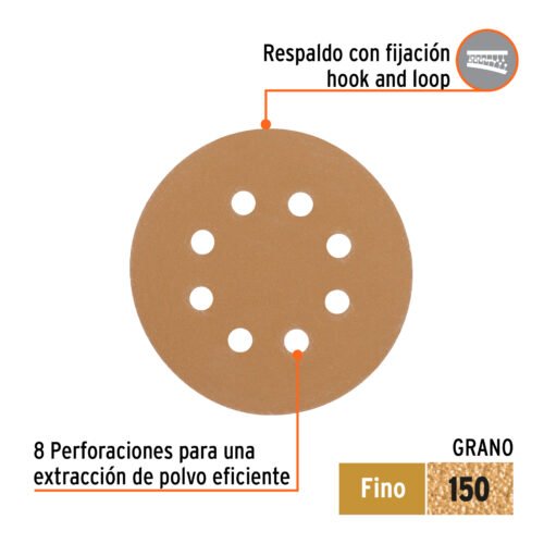 103313 - Paquete c/5 discos de lija 5" grano 150, 8 perforaciones