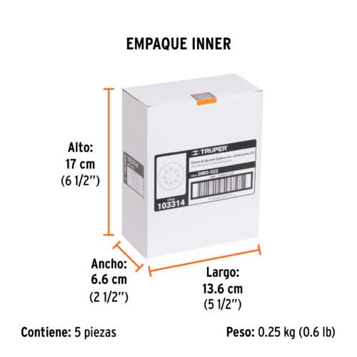 103314 - Paquete c/5 discos de lija 5" grano 220, 8 perforaciones
