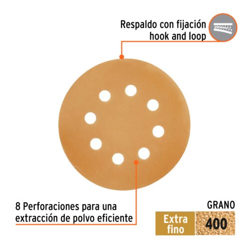 103315 - Paquete c/5 discos de lija 5" grano 400, 8 perforaciones