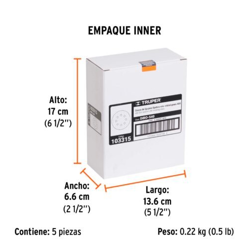 103315 - Paquete c/5 discos de lija 5" grano 400, 8 perforaciones