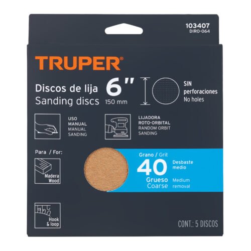 103407 - Paquete c/5 discos de lija 6" grano 40, ciegos