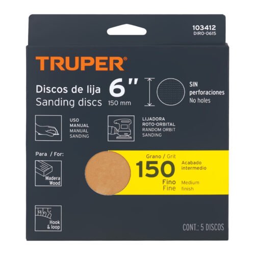 103412 - Paquete c/5 discos de lija 6" grano 150, ciegos