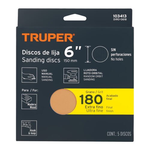 103413 - Paquete c/5 discos de lija 6" grano 180, ciegos