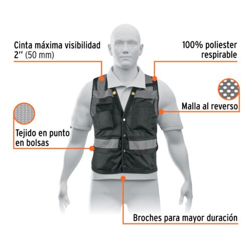 103989.1 103989 - Chaleco seguridad reforzado negro con bolsas, M, EXPERT