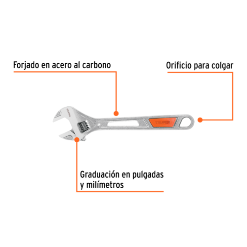 100048 - Llave ajustable (perico) 15" cromada mango de PVC, Truper