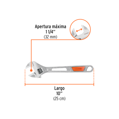 15511 - Llave ajustable (perico) 10" cromada mango de PVC, Truper