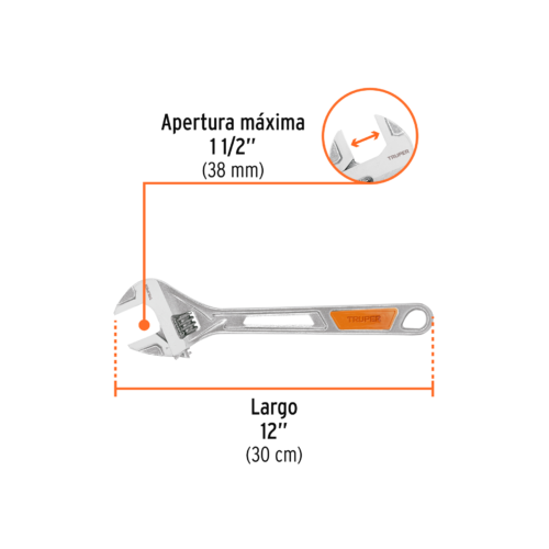15512 - Llave ajustable (perico) 12" cromada mango de PVC, Truper