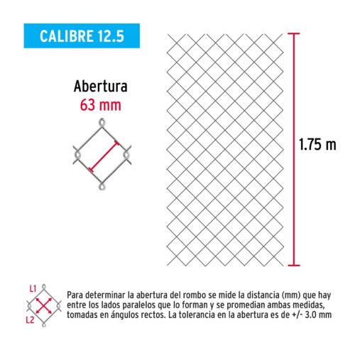 429552 42955 - Rollo malla ciclónica cal.12.5, 1.75x20m, abertura 63mm 38kg