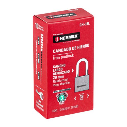 433235 43323 - Candado de hierro 38 mm gancho largo en caja, HERMEX