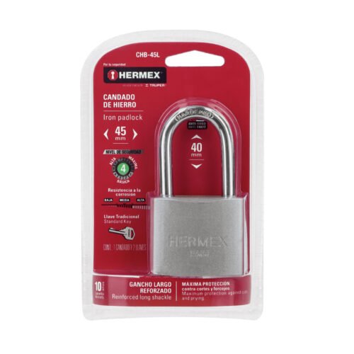 433275 43327 - Candado de hierro 45 mm gancho largo en blíster, HERMEX