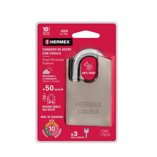 43334 - Candado de acero, máxima seguridad, 50mm, llave anti-ganzúa