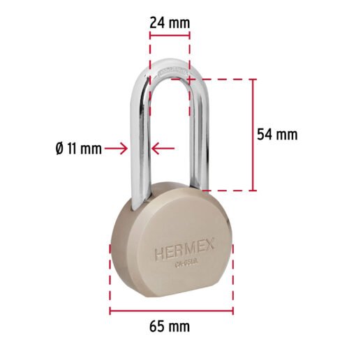 43337 - Candado redondo, 65mm, gancho largo, llave de puntos,blister