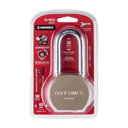 43337 - Candado redondo, 65mm, gancho largo, llave de puntos,blister