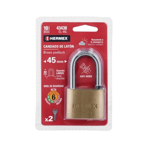 43438 - Candado de latón 45 mm gancho largo en blíster, HERMEX
