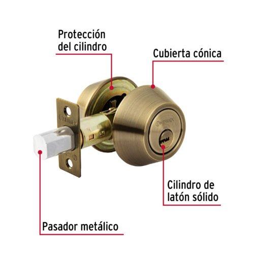 43597 - Cerrojo llave-llave latón antiguo, llave de puntos, HERMEX