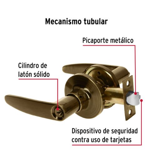 43661 - Cerradura manija "Turín" p/recámara latón antiguo, cil latón